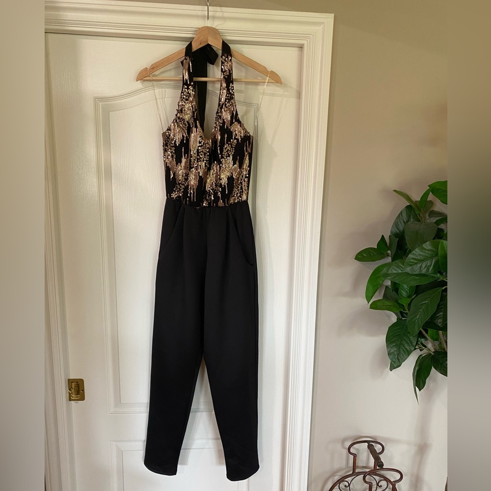 VINTAGE Halter Jumpsuit with Gold Sequinned Top | Small - Picture 1 of 7